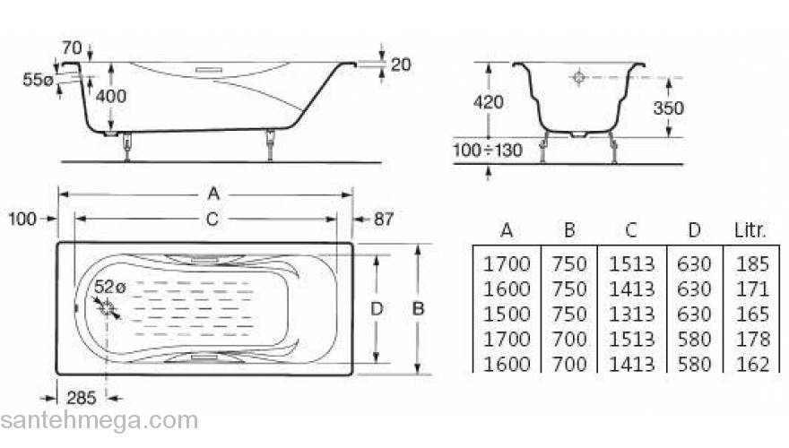 Ванна чугунная ROCA Malibu 160х75 2310G000R. Фото