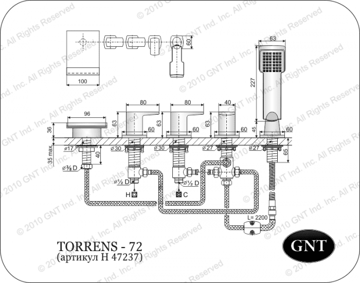 Врезной смеситель для ванны GNT Torrens-72. Фото