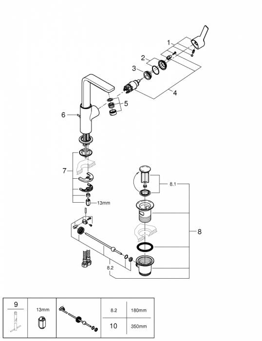 GROHE 23296001 Lineare New Смеситель однорычажный для раковины, высокий излив, со сливным гарнитуром. Фото